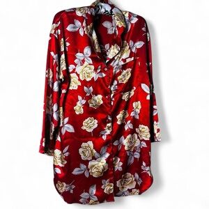 Vintage Victoria's Secret Red Floral Satin Pajama Shirt Oversized Nightgown Robe